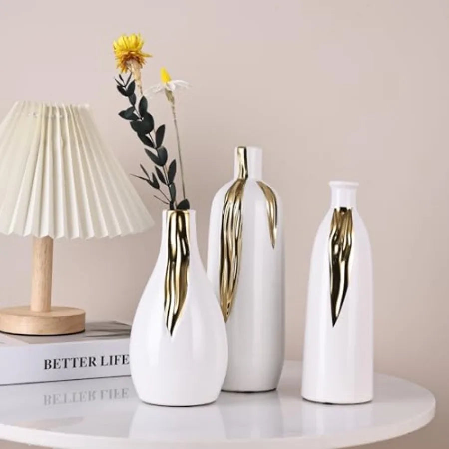Ceramic Vase 3 Pcs Set, White and Gold Vases for Home Decor, Decorative Vases for Mantel, Shelf and Entryway Decor, Dining Tabl