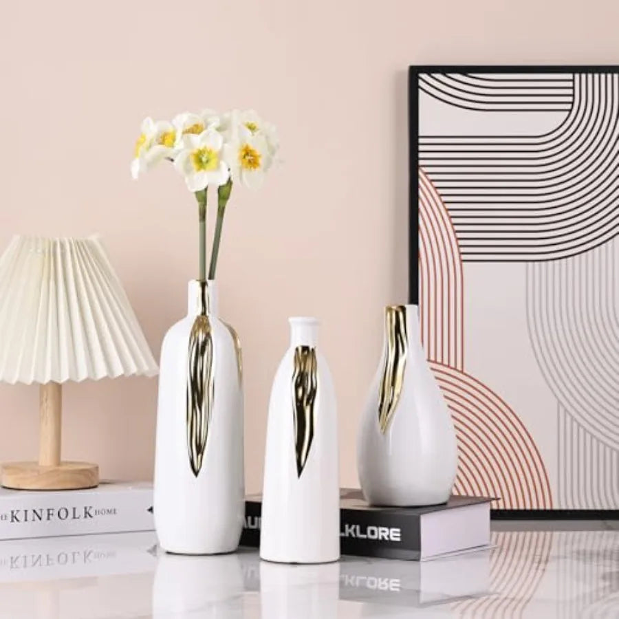 Ceramic Vase 3 Pcs Set, White and Gold Vases for Home Decor, Decorative Vases for Mantel, Shelf and Entryway Decor, Dining Tabl