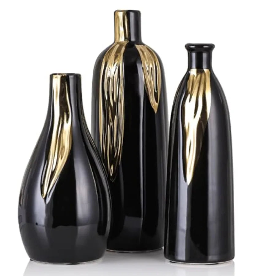 Ceramic Vase 3 Pcs Set, White and Gold Vases for Home Decor, Decorative Vases for Mantel, Shelf and Entryway Decor, Dining Tabl