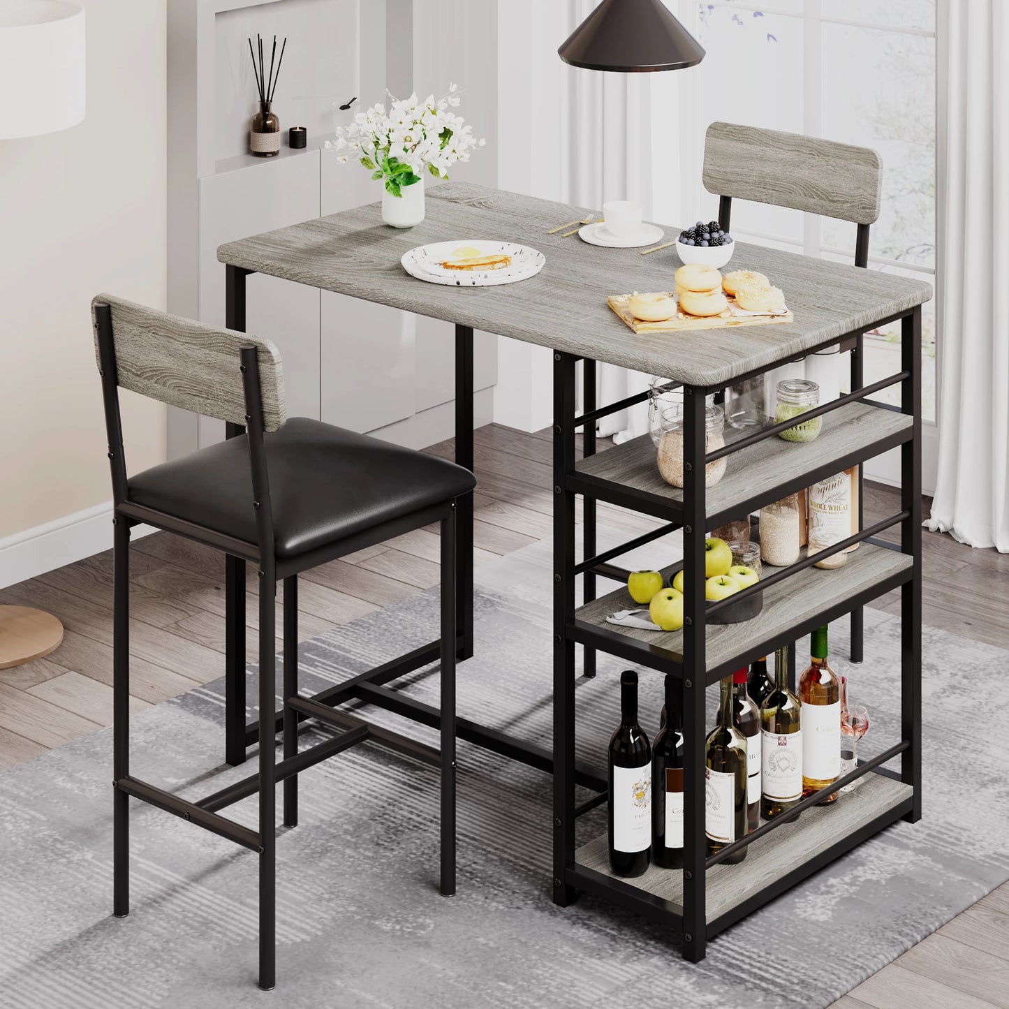 Dining Table Set with 3-Tier Shelves Bar Kitchen Table Set with 2 Padded Chairs 3-Piece Kitchen Table Set for Home, Small Space