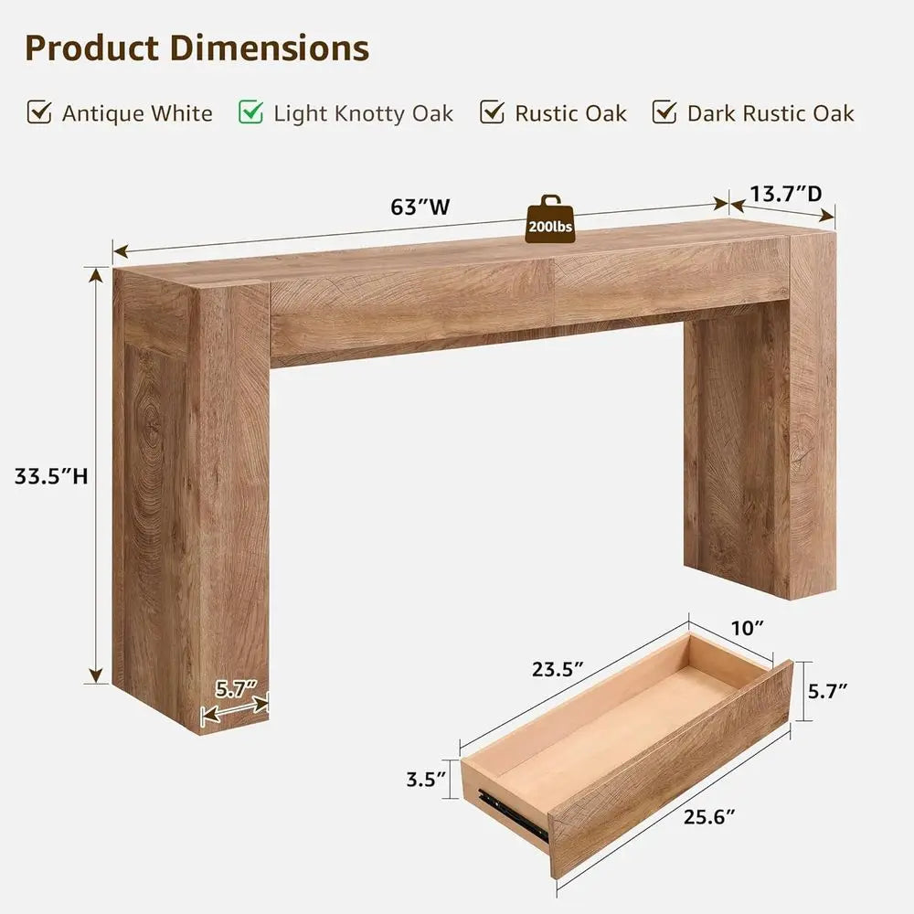 ern Entryway ole Table, Soa Table with Ders, 63" Long Hall Table Behind Couch, Thick Wood Design or Living Room, Hallway - Light