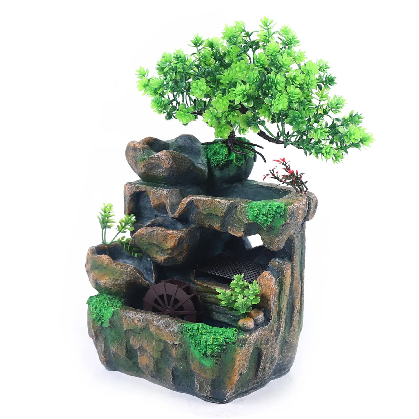 110V Tabletop Fountain with LED Light Resin Rockery Waterwheel Indoor Water Fountain US Plug No Atomizer