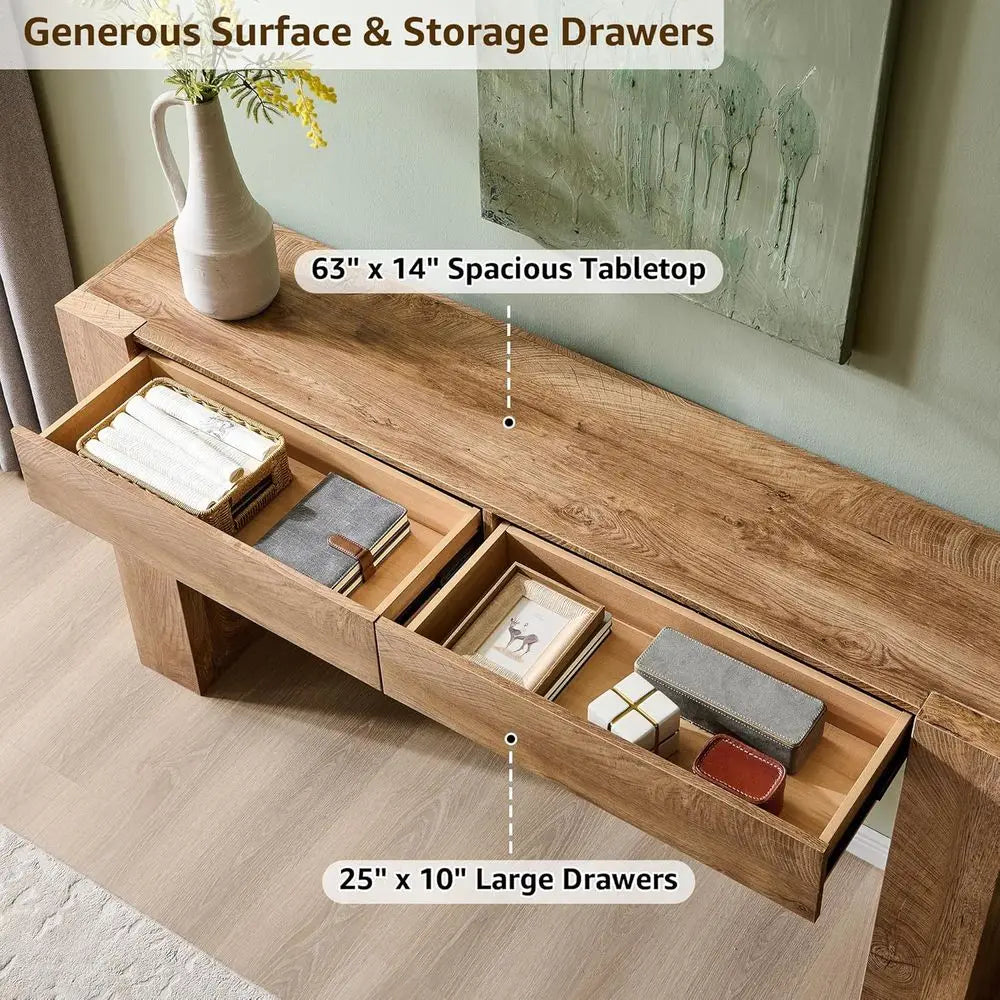 ern Entryway ole Table, Soa Table with Ders, 63" Long Hall Table Behind Couch, Thick Wood Design or Living Room, Hallway - Light