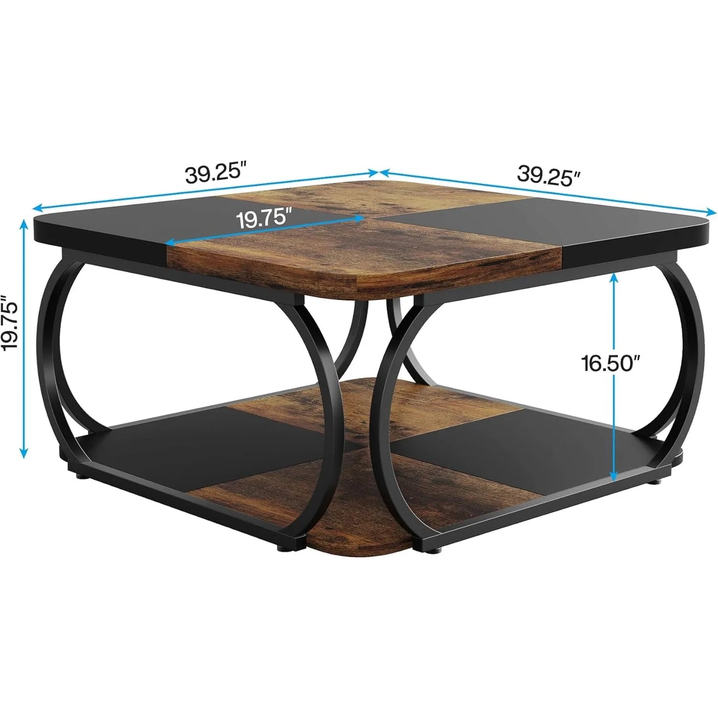 Square Coffee Table with 2 Tiers, 40 inches Low Farmhouse Coffee Table with Wood Storage Shelf for Modern Living Room