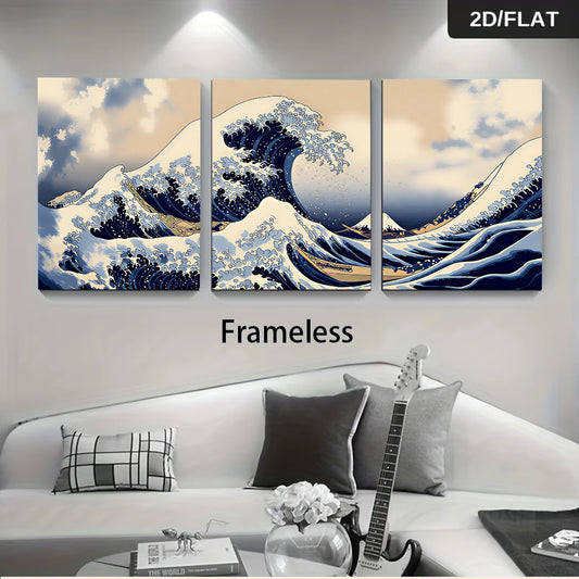 Frameless triptych depicting The Great Wave off Kanagawa