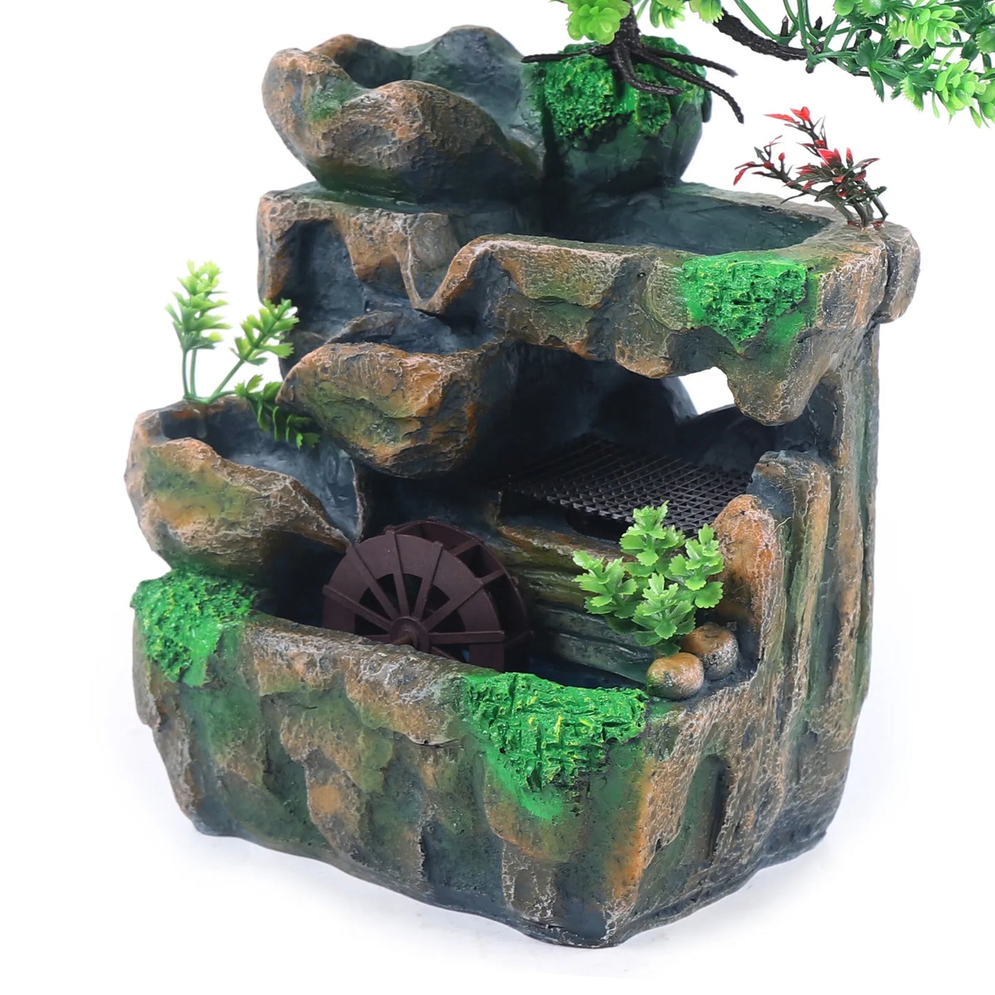 110V Tabletop Fountain with LED Light Resin Rockery Waterwheel Indoor Water Fountain US Plug No Atomizer