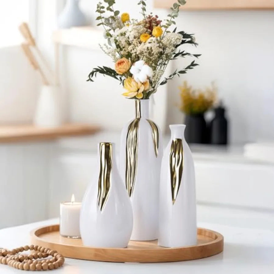Ceramic Vase 3 Pcs Set, White and Gold Vases for Home Decor, Decorative Vases for Mantel, Shelf and Entryway Decor, Dining Tabl