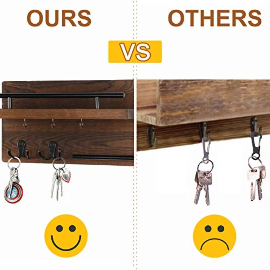 Wall Mounted Key Holder/Hangers for Wall Decorative with 5 Key Hooks, Wooden Mail Rack Organizer with Shelf, Rustic Home Decor