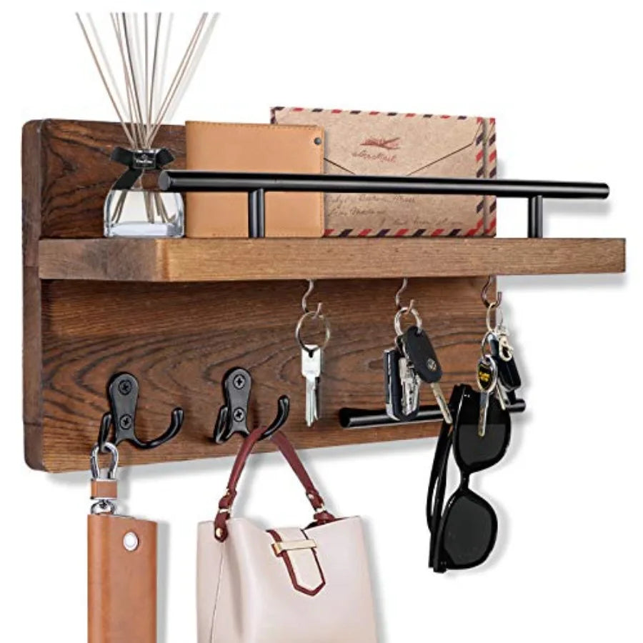 Wall Mounted Key Holder/Hangers for Wall Decorative with 5 Key Hooks, Wooden Mail Rack Organizer with Shelf, Rustic Home Decor