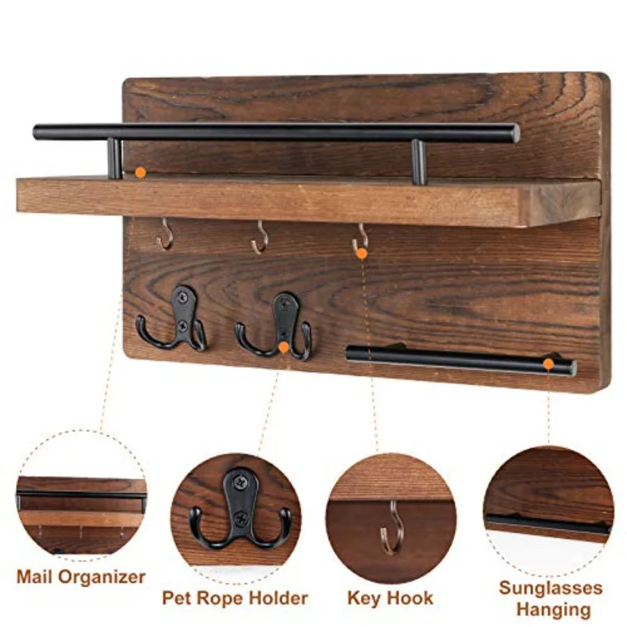 Wall Mounted Key Holder/Hangers for Wall Decorative with 5 Key Hooks, Wooden Mail Rack Organizer with Shelf, Rustic Home Decor