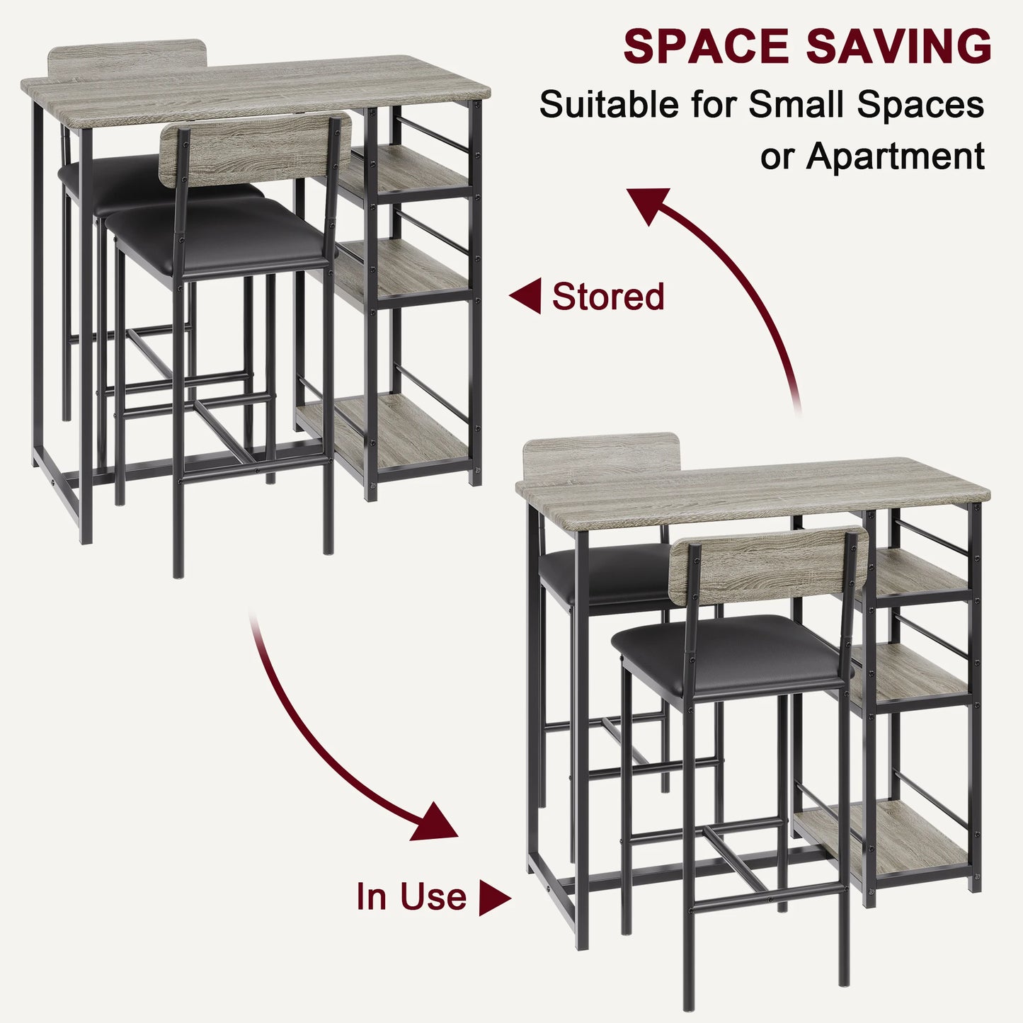 Dining Table Set with 3-Tier Shelves Bar Kitchen Table Set with 2 Padded Chairs 3-Piece Kitchen Table Set for Home, Small Space