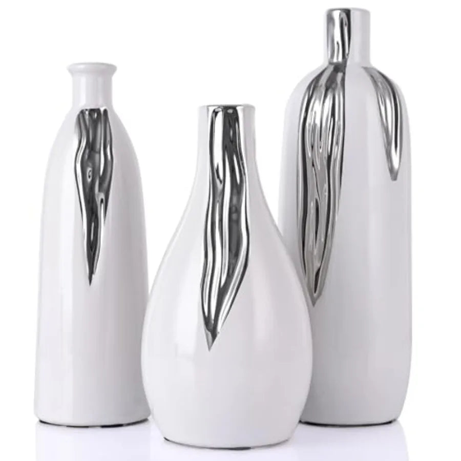 Ceramic Vase 3 Pcs Set, White and Gold Vases for Home Decor, Decorative Vases for Mantel, Shelf and Entryway Decor, Dining Tabl