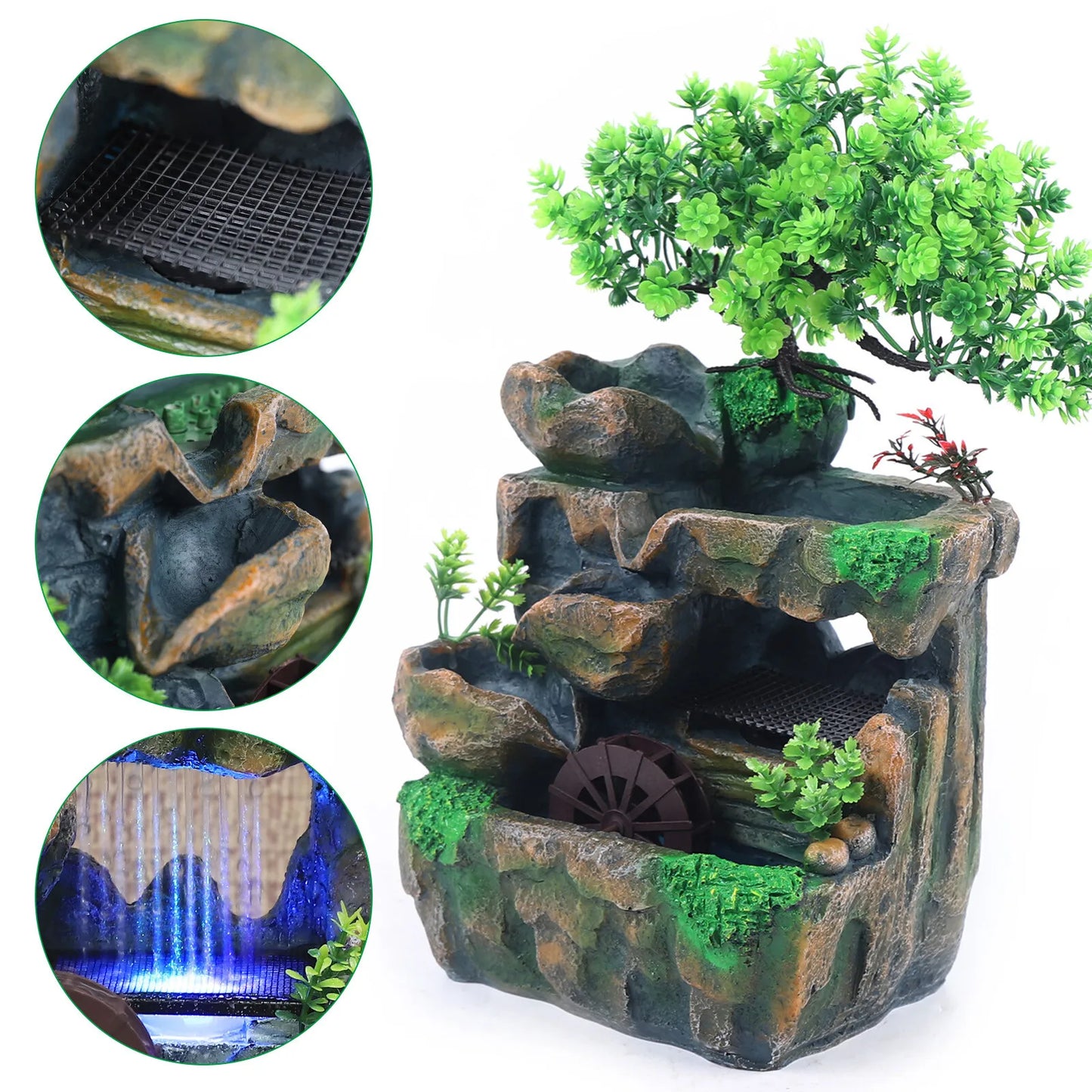 110V Tabletop Fountain with LED Light Resin Rockery Waterwheel Indoor Water Fountain US Plug No Atomizer