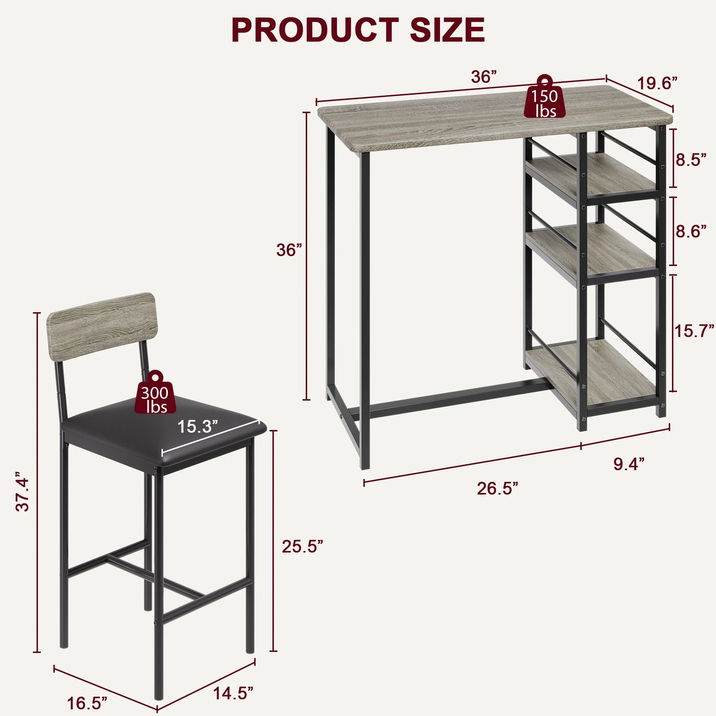 Dining Table Set with 3-Tier Shelves Bar Kitchen Table Set with 2 Padded Chairs 3-Piece Kitchen Table Set for Home, Small Space