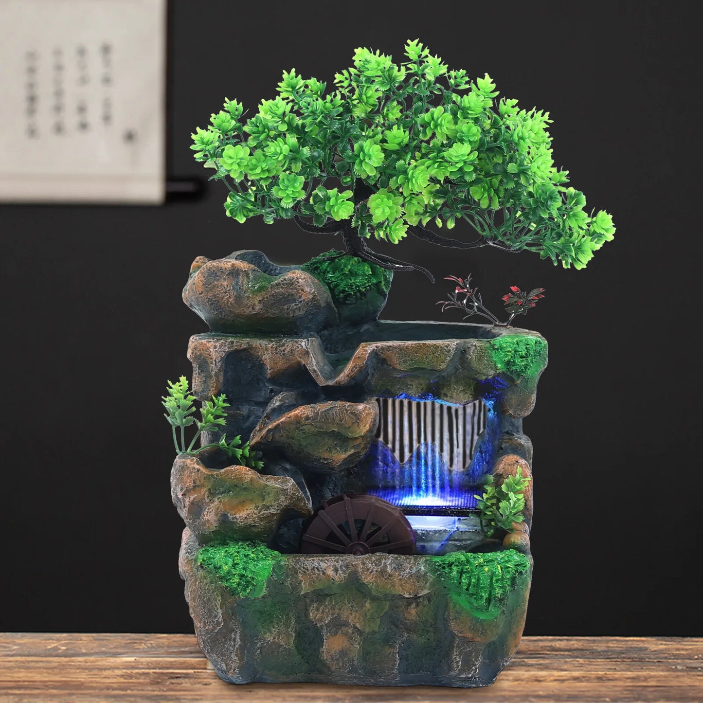110V Tabletop Fountain with LED Light Resin Rockery Waterwheel Indoor Water Fountain US Plug No Atomizer