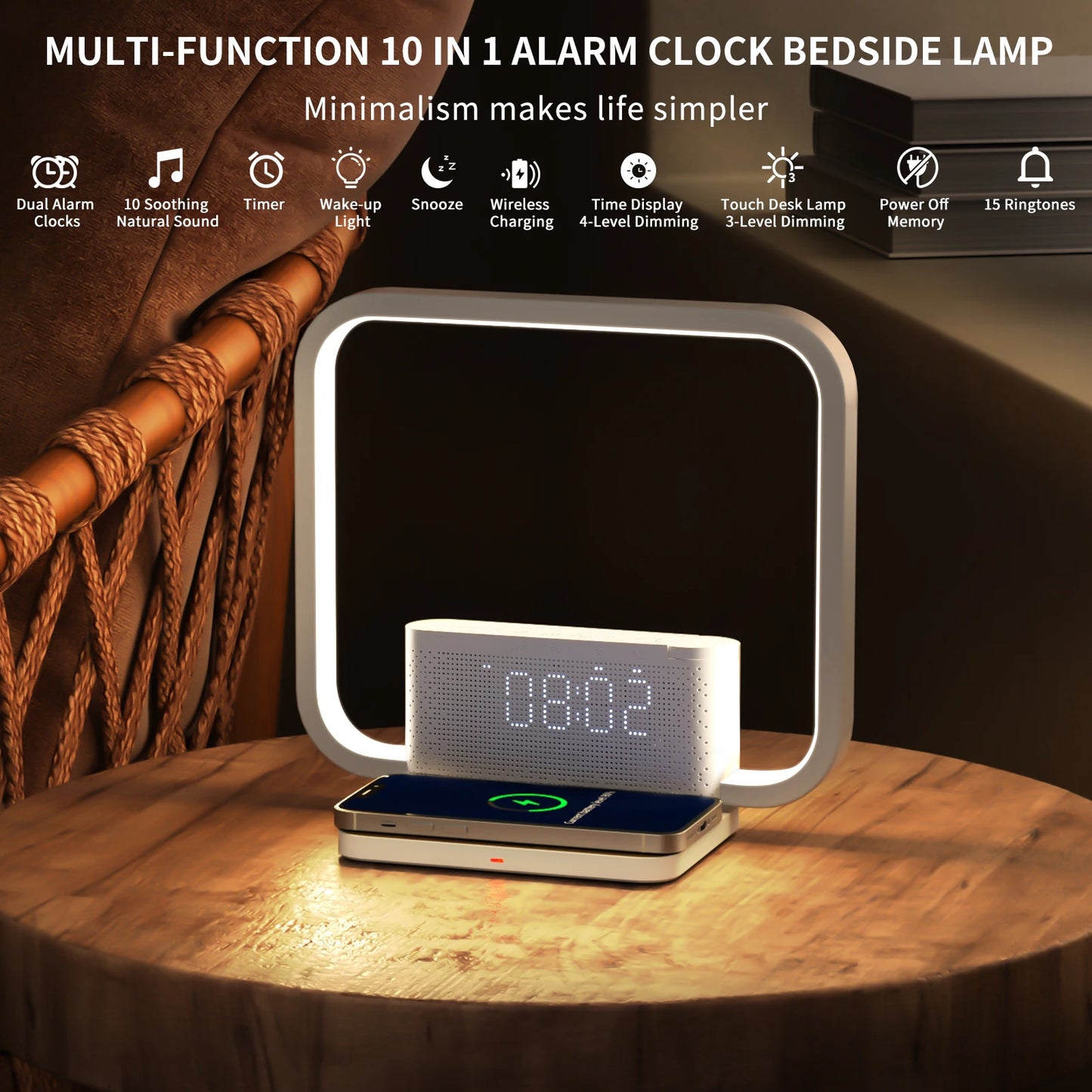 Sunrise Alarm Clock for Heavy Sleepers,Touch Lamps for Nightstand with Wireless Charger Station for iPhone/Samsung,Sound Machine
