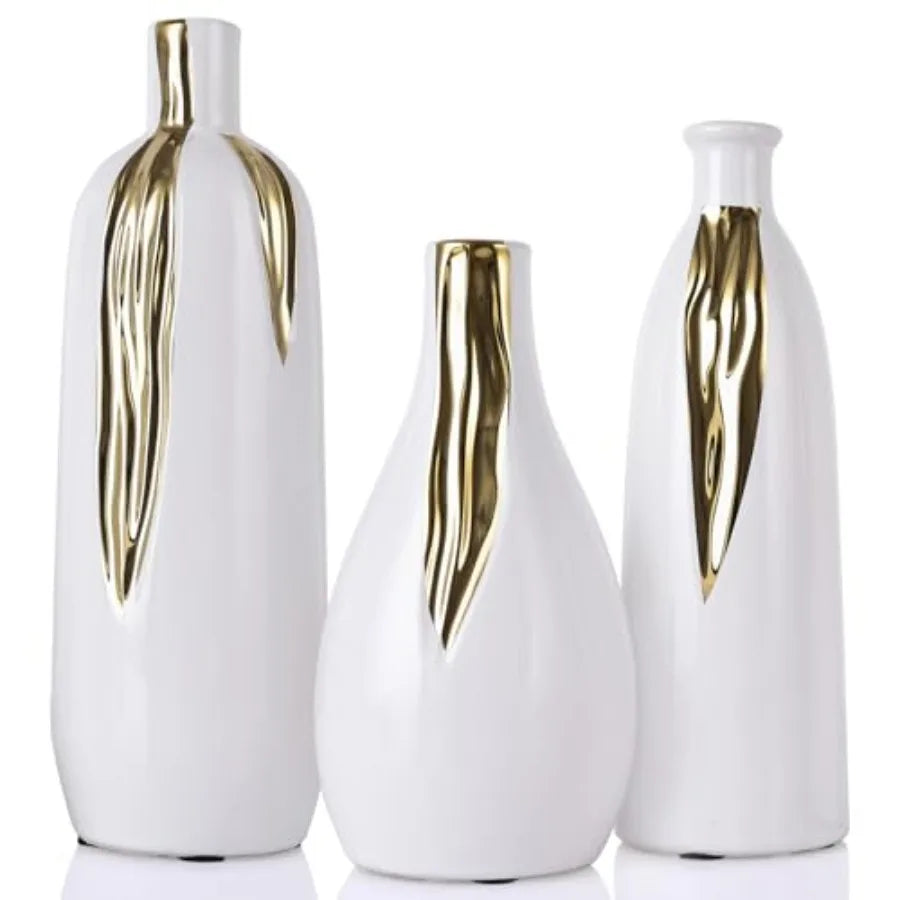Ceramic Vase 3 Pcs Set, White and Gold Vases for Home Decor, Decorative Vases for Mantel, Shelf and Entryway Decor, Dining Tabl