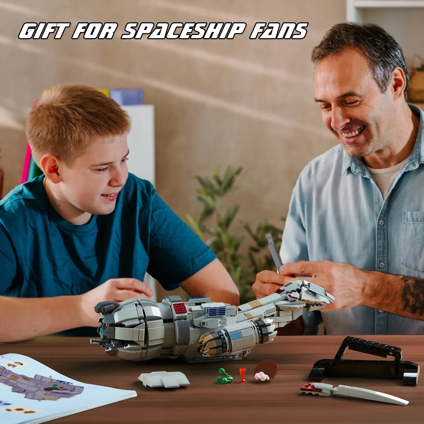Spaceship Building Blocks Set Transport Ship Model with Stand Home Room Decoration Ornament Collectible Display for Adults Gifts