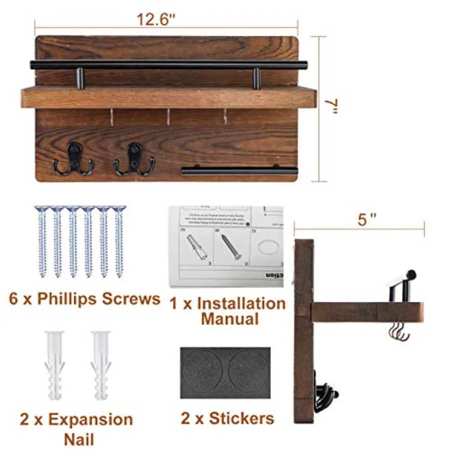 Wall Mounted Key Holder/Hangers for Wall Decorative with 5 Key Hooks, Wooden Mail Rack Organizer with Shelf, Rustic Home Decor
