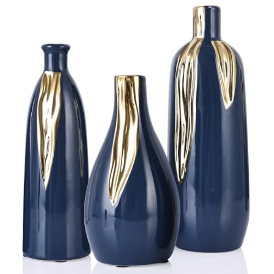 Ceramic Vase 3 Pcs Set, White and Gold Vases for Home Decor, Decorative Vases for Mantel, Shelf and Entryway Decor, Dining Tabl