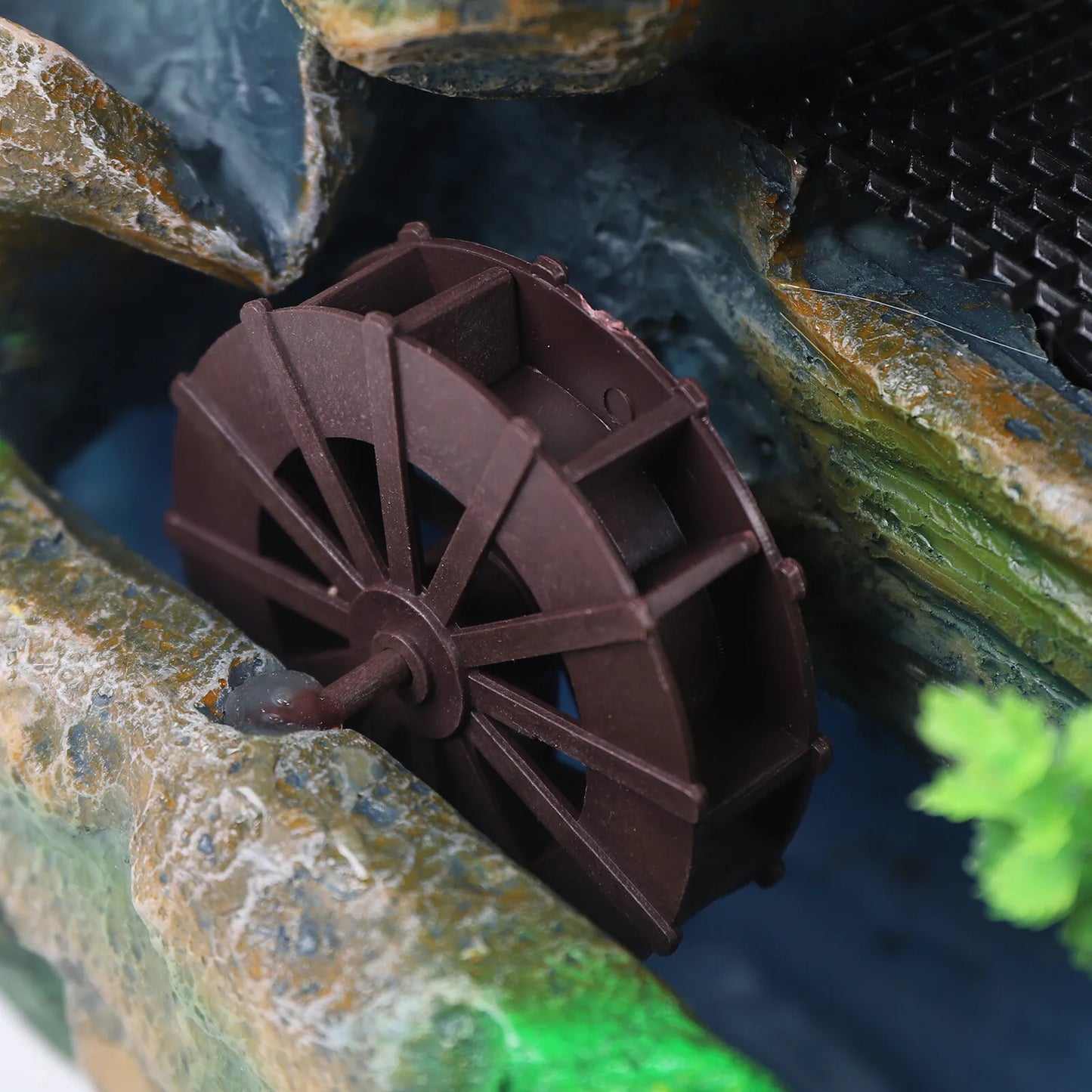 110V Tabletop Fountain with LED Light Resin Rockery Waterwheel Indoor Water Fountain US Plug No Atomizer