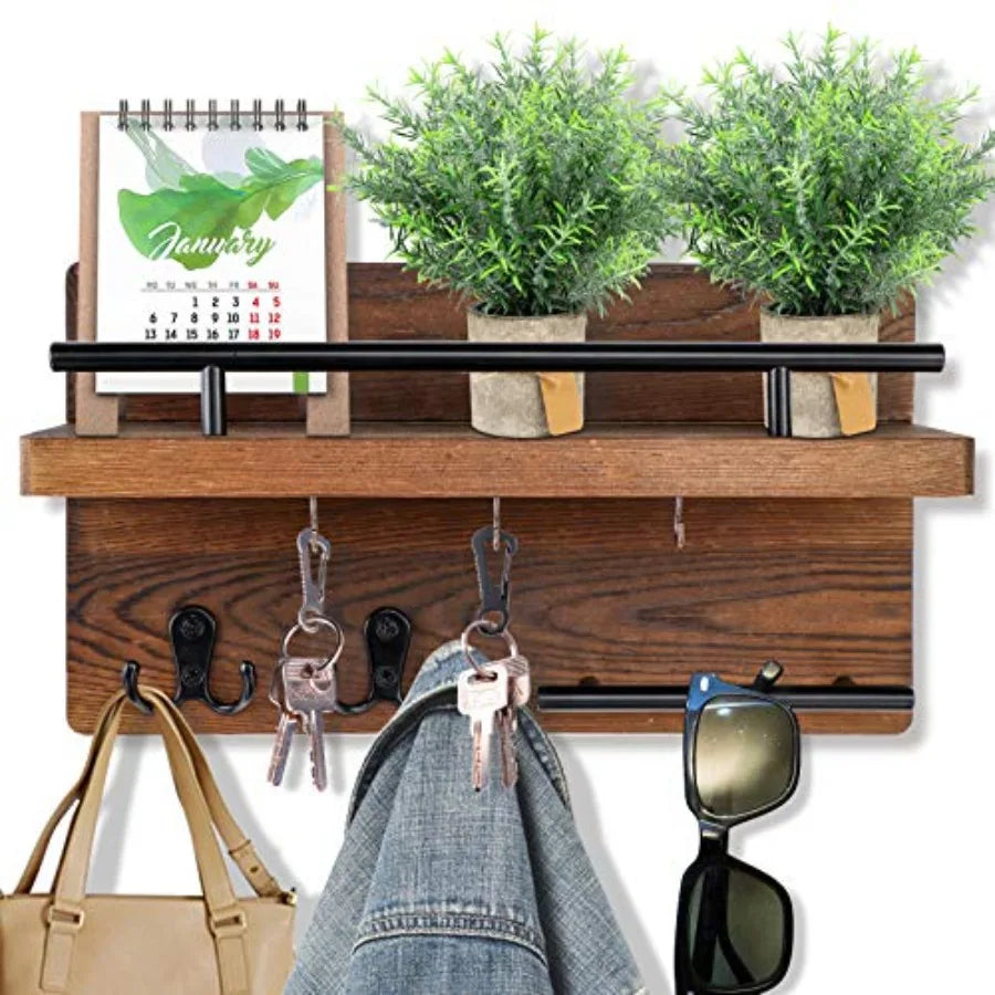 Wall Mounted Key Holder/Hangers for Wall Decorative with 5 Key Hooks, Wooden Mail Rack Organizer with Shelf, Rustic Home Decor