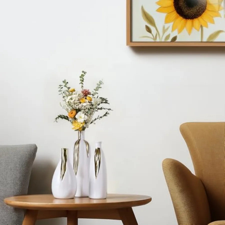 Ceramic Vase 3 Pcs Set, White and Gold Vases for Home Decor, Decorative Vases for Mantel, Shelf and Entryway Decor, Dining Tabl