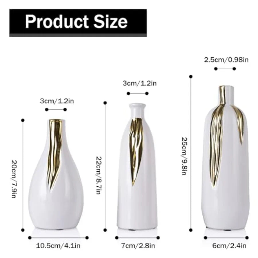 Ceramic Vase 3 Pcs Set, White and Gold Vases for Home Decor, Decorative Vases for Mantel, Shelf and Entryway Decor, Dining Tabl
