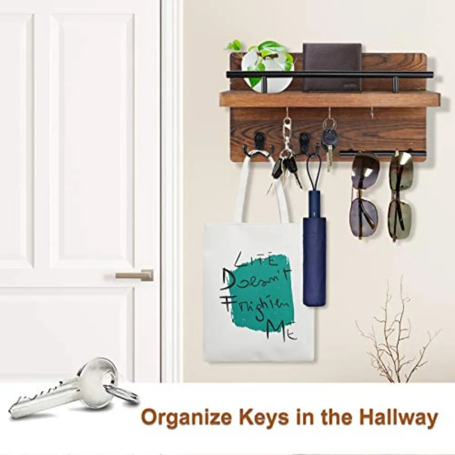 Wall Mounted Key Holder/Hangers for Wall Decorative with 5 Key Hooks, Wooden Mail Rack Organizer with Shelf, Rustic Home Decor